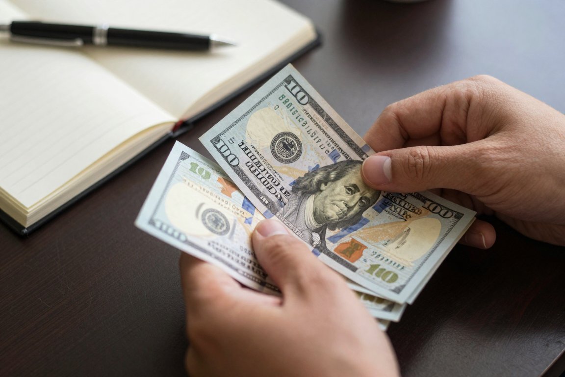يدان تعدّان أوراقًا نقدية فوق دفتر مفتوح على مكتب