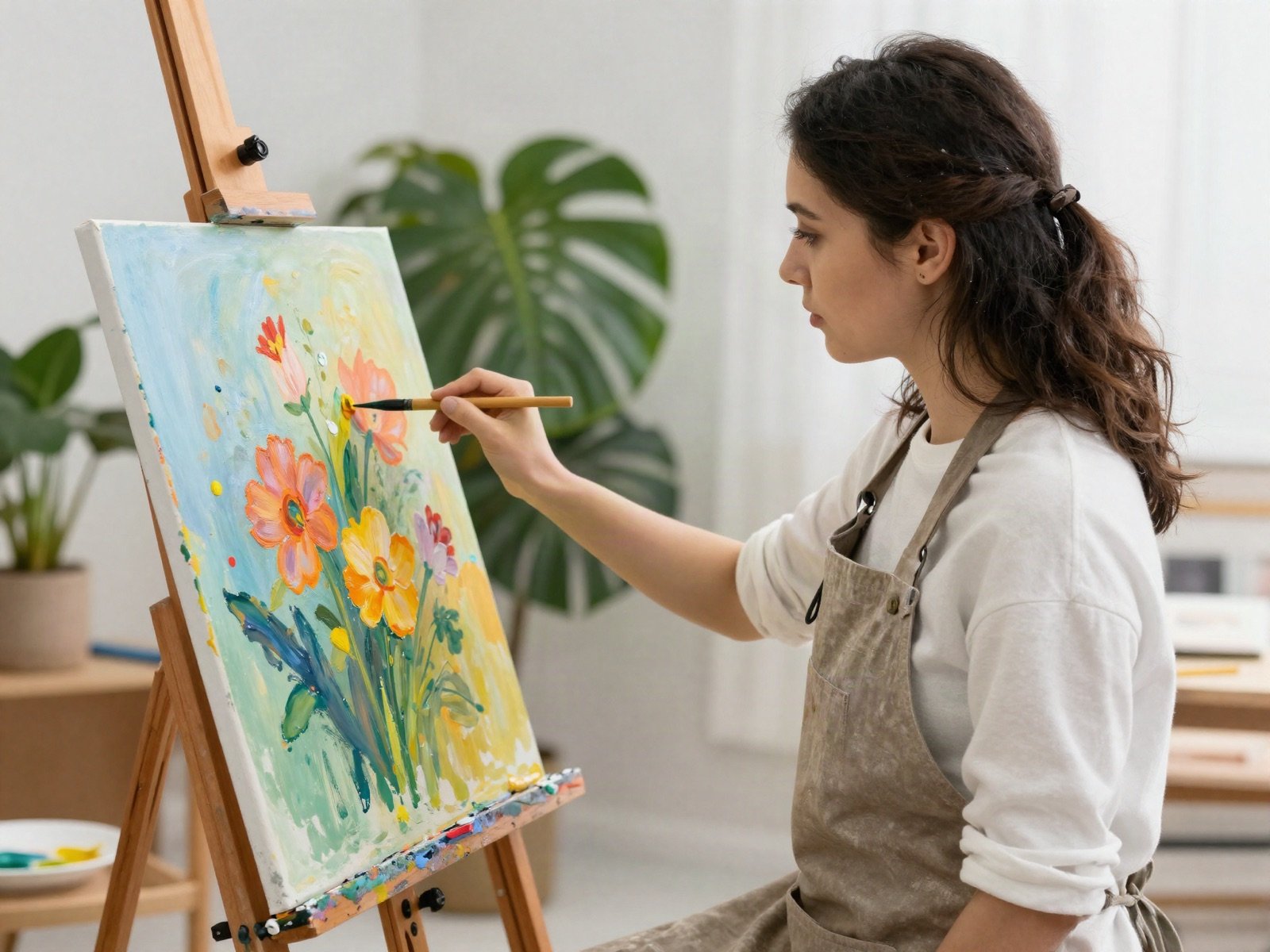 رسامة بمئزر تعمل على لوحة زهور ملونة أمام حامل الرسم