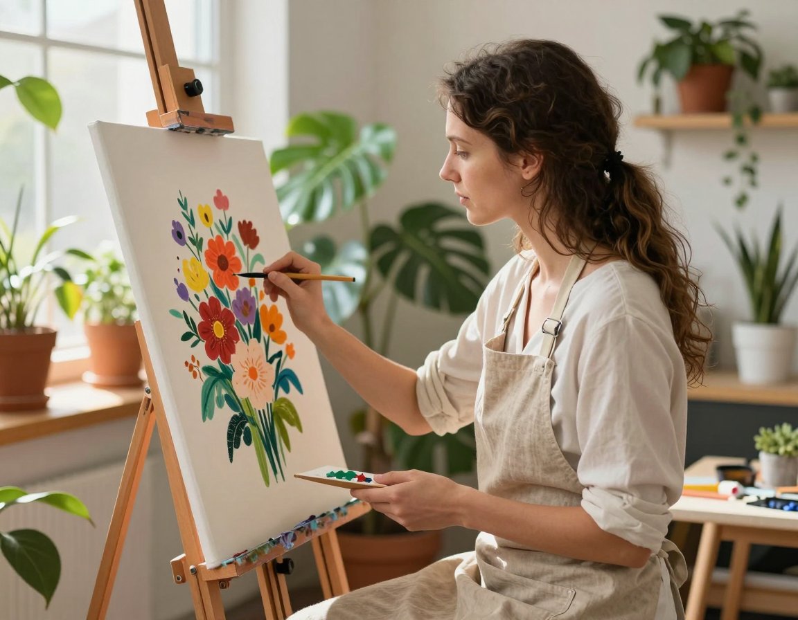 رسامة ترتدي مريلة وتعمل على لوحة زهور أمام حامل الرسم في مرسم مشمس