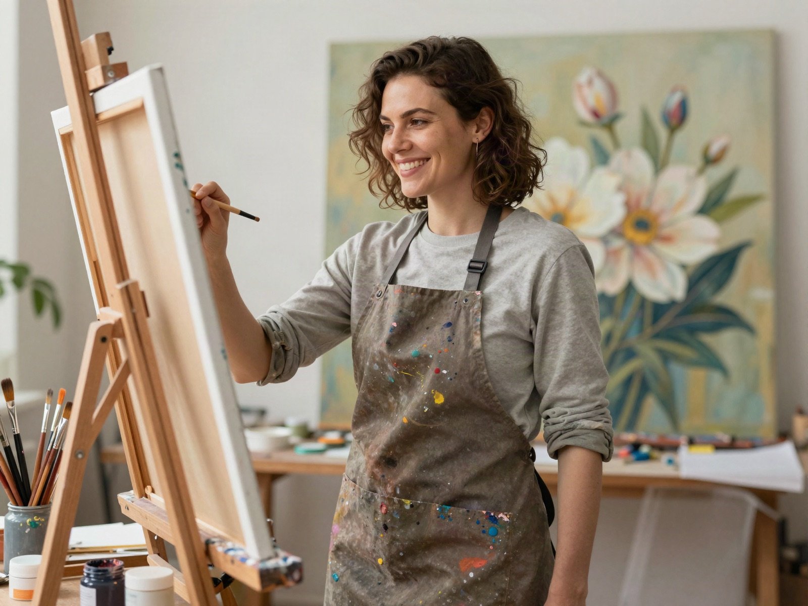 رسامة مبتسمة بمئزر ملطخ بالألوان تعمل أمام حامل الرسم