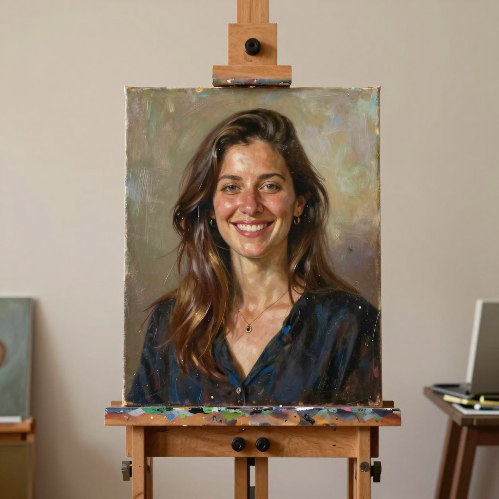 بورتريه زيتي لامرأة مبتسمة على حامل رسم