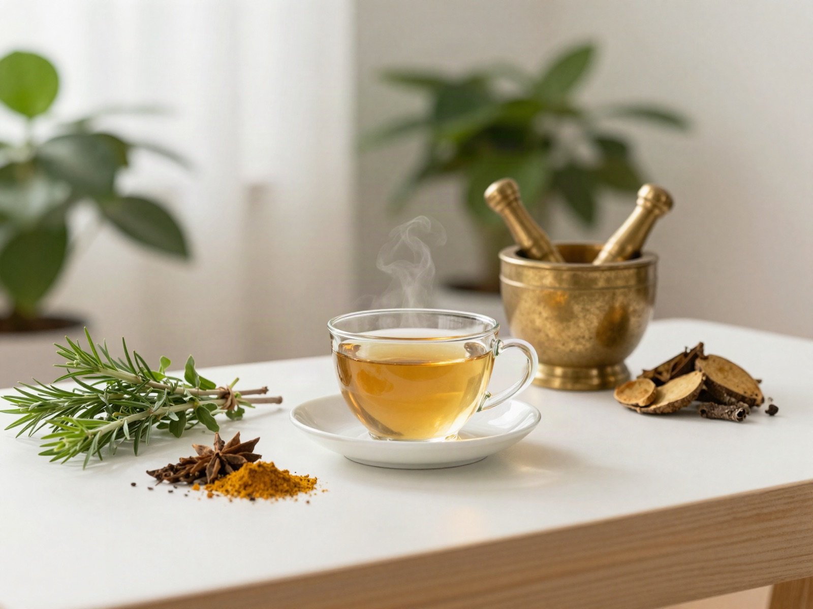 كوب شاي أعشاب وأعشاب طازجة وتوابل وهاون نحاسي على طاولة في عيادة هادئة