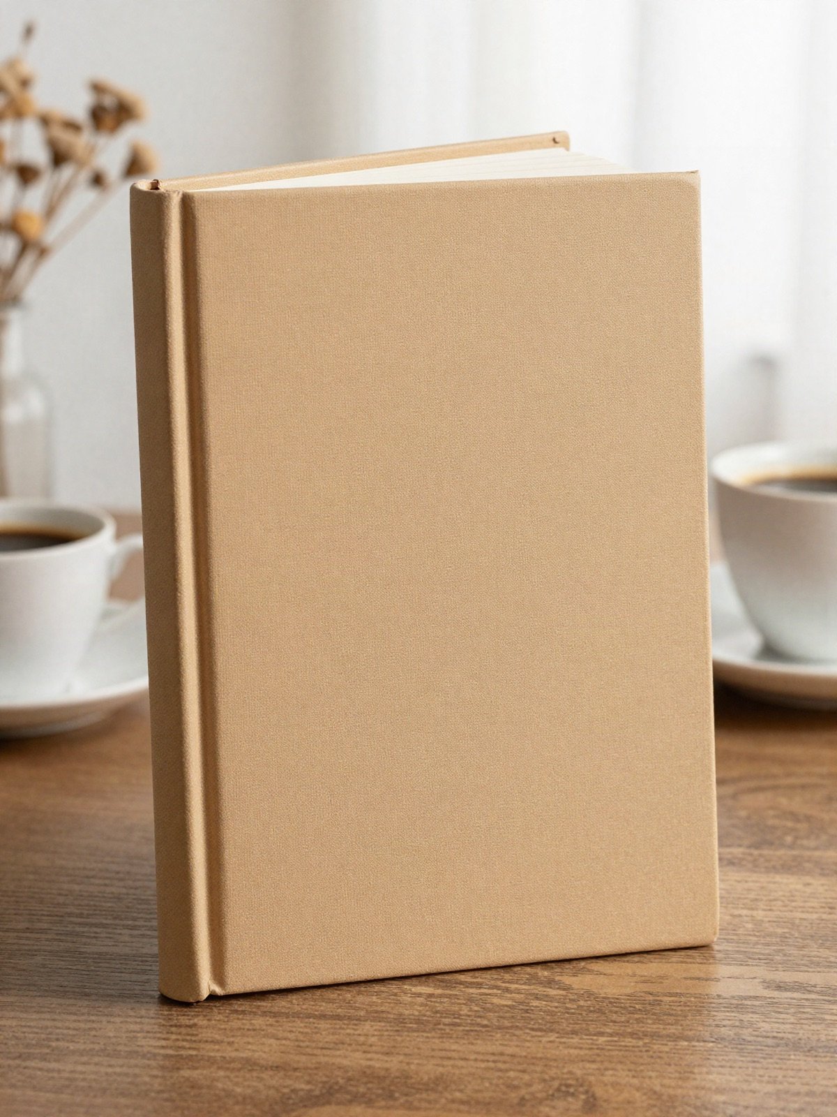 كتاب بغلاف مقوى رملي اللون على مكتب خشبي بجانب القهوة والزهور المجففة