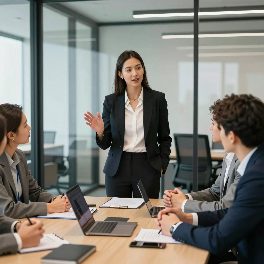 سيدة أعمال تقود اجتماعًا حول طاولة اجتماعات
