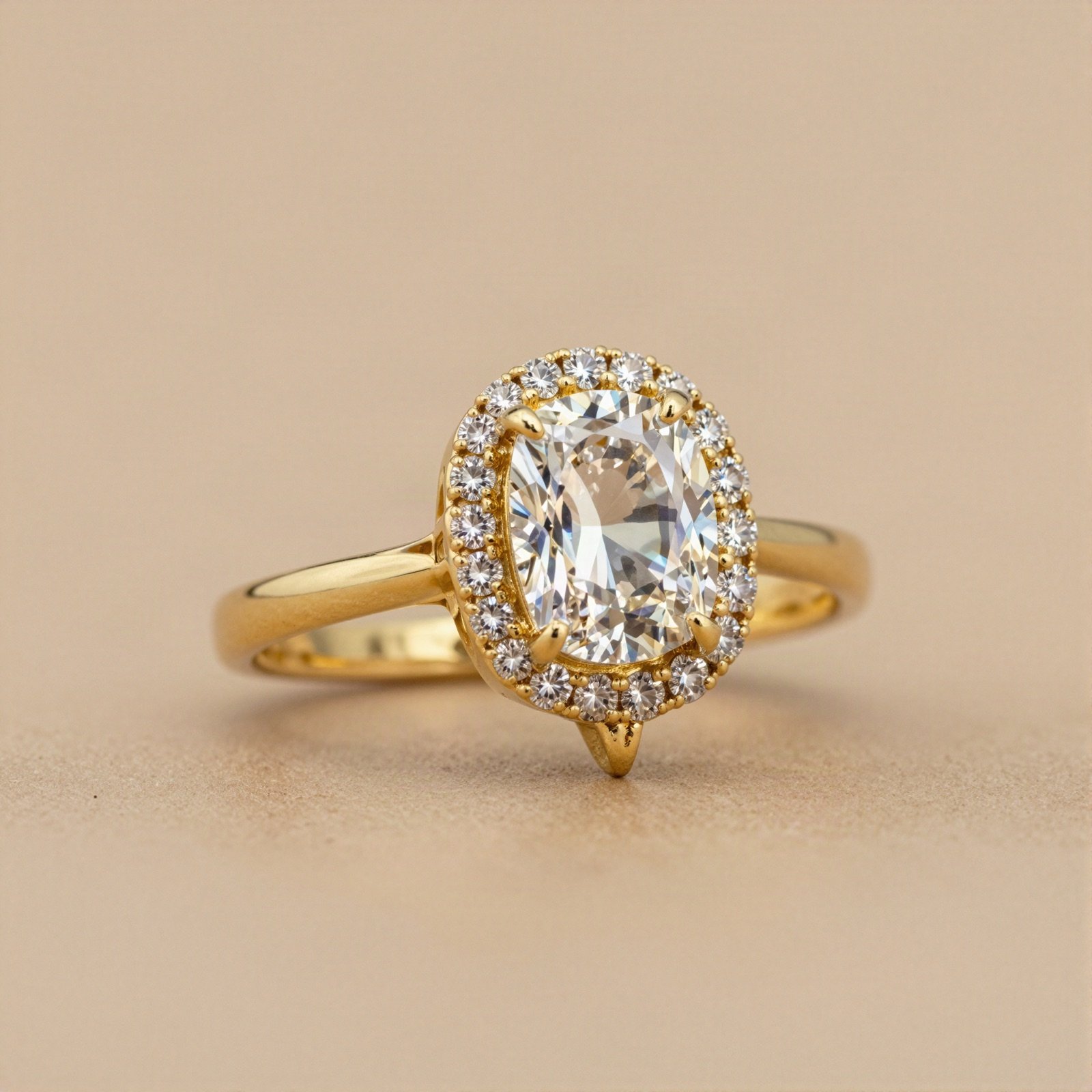 A vintage style gold ring with a cushion cut diamond in a halo
