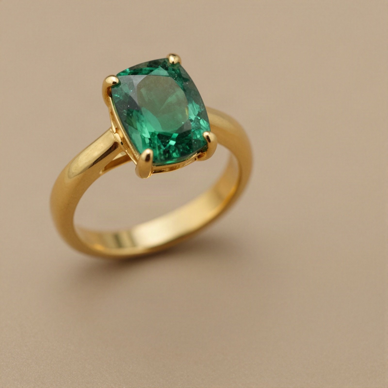 A yellow gold cocktail ring with a large cushion cut emerald