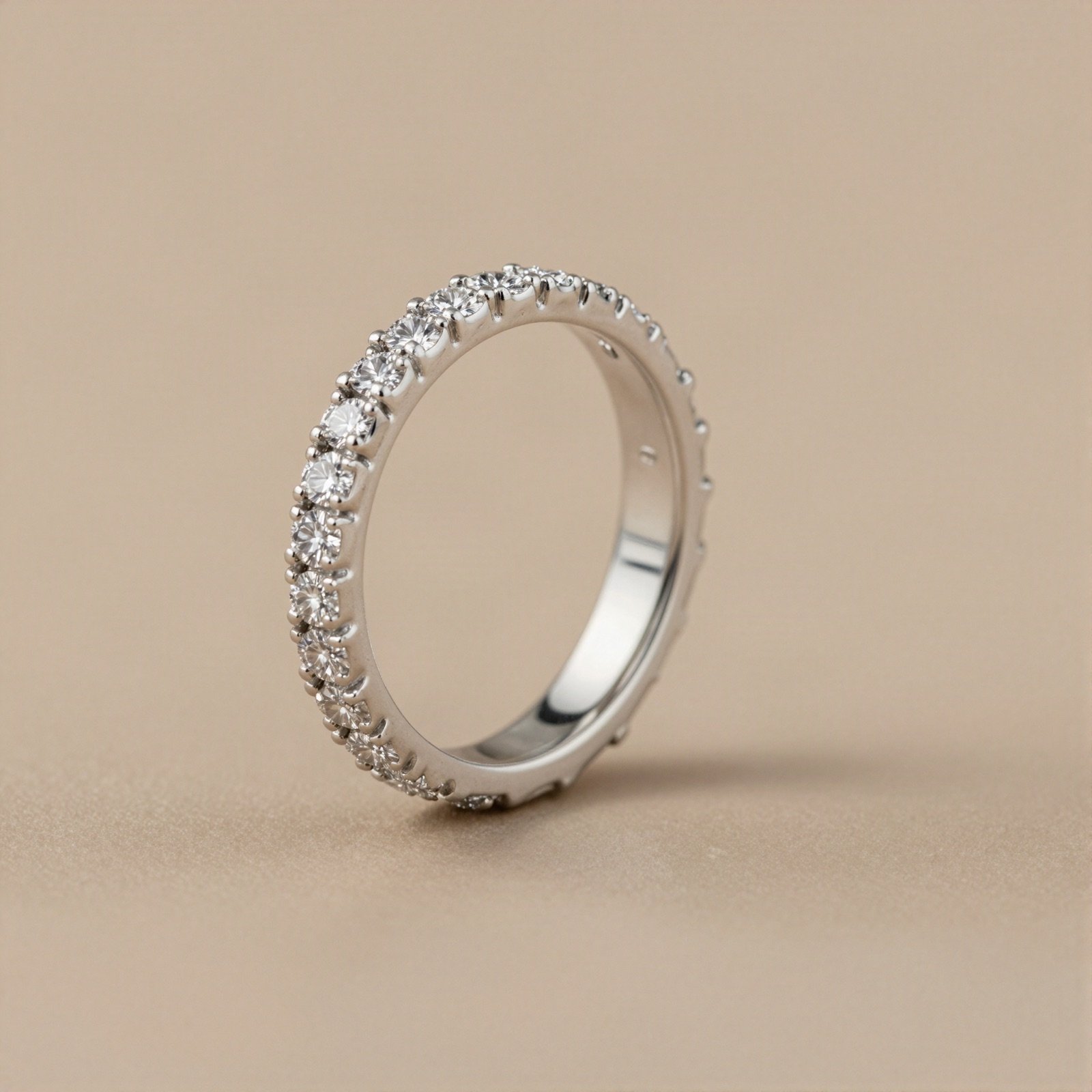 A white gold eternity band set all around with small diamonds