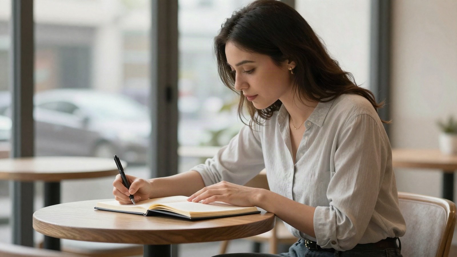 امرأة تكتب في دفتر يومياتها على طاولة مقهى مشمسة