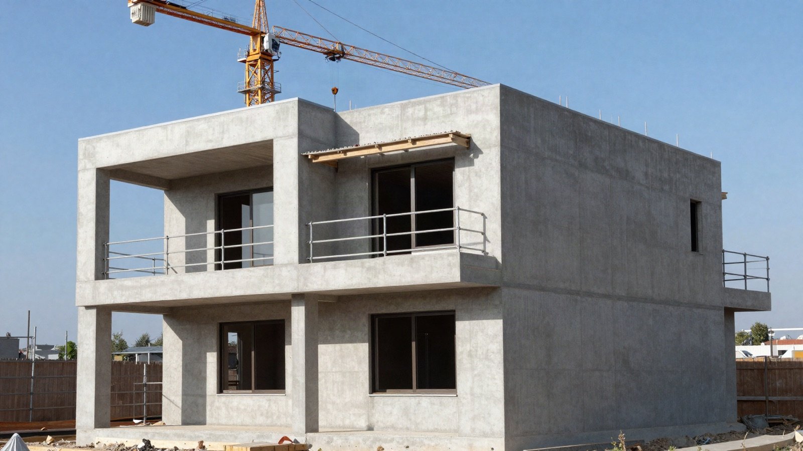 A two-storey concrete house under construction with a crane behind it