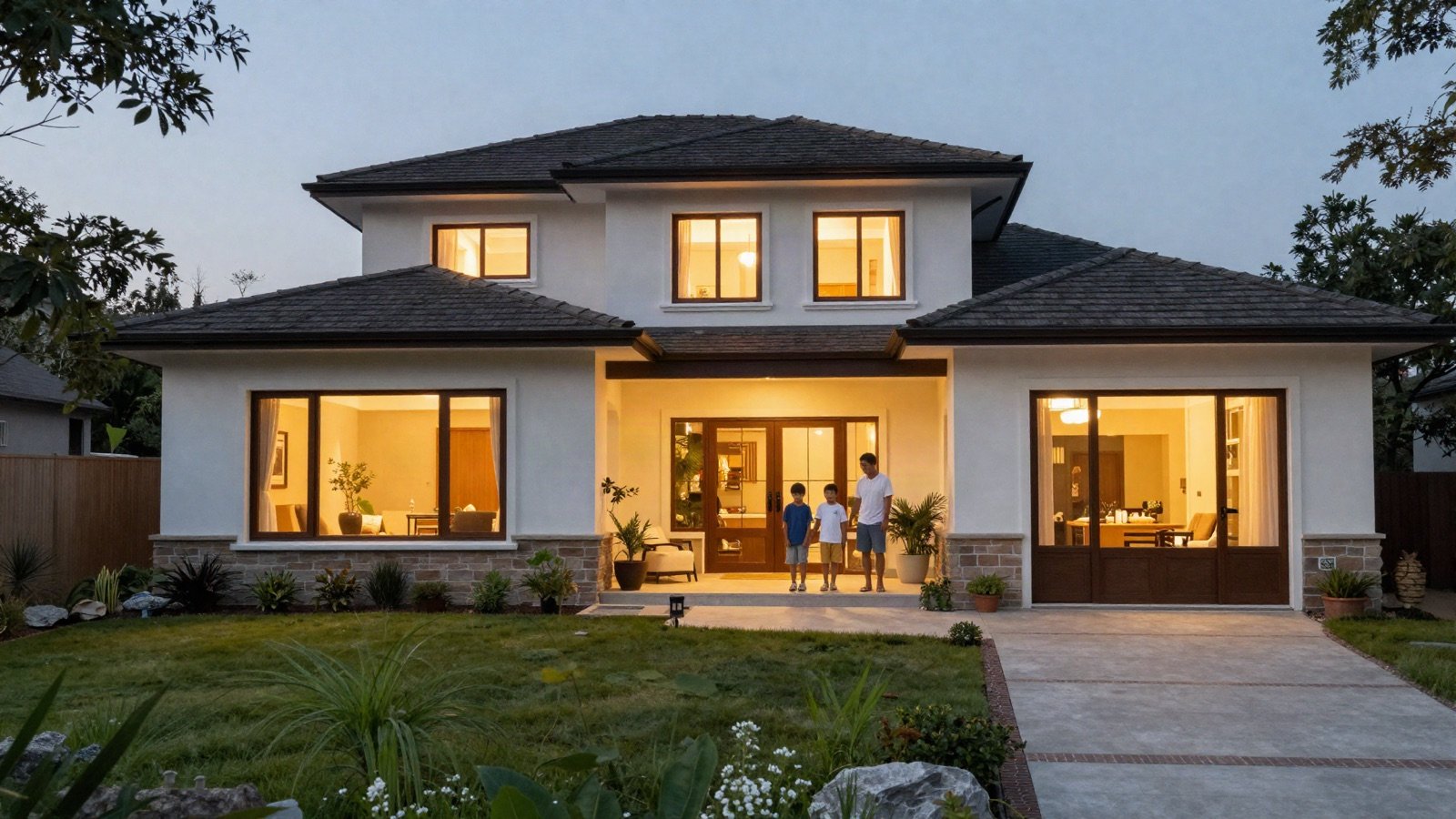 A modern family home at dusk with warm light in the windows