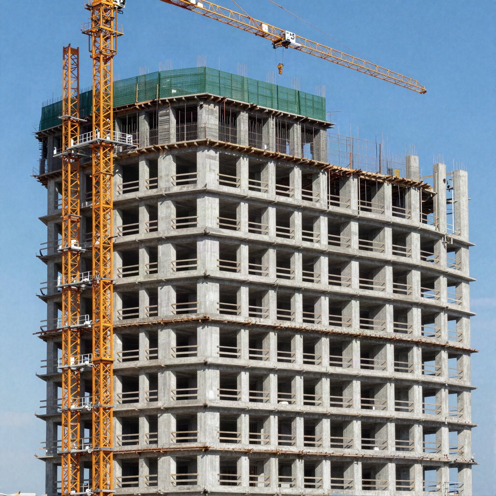 مبنى سكني قيد الإنشاء مع رافعات برجية