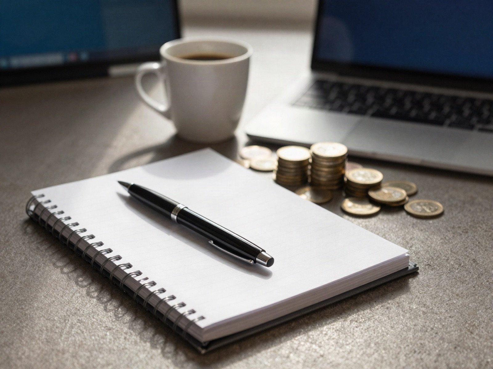 دفتر وقلم وعملات مكدّسة على مكتب مستثمر