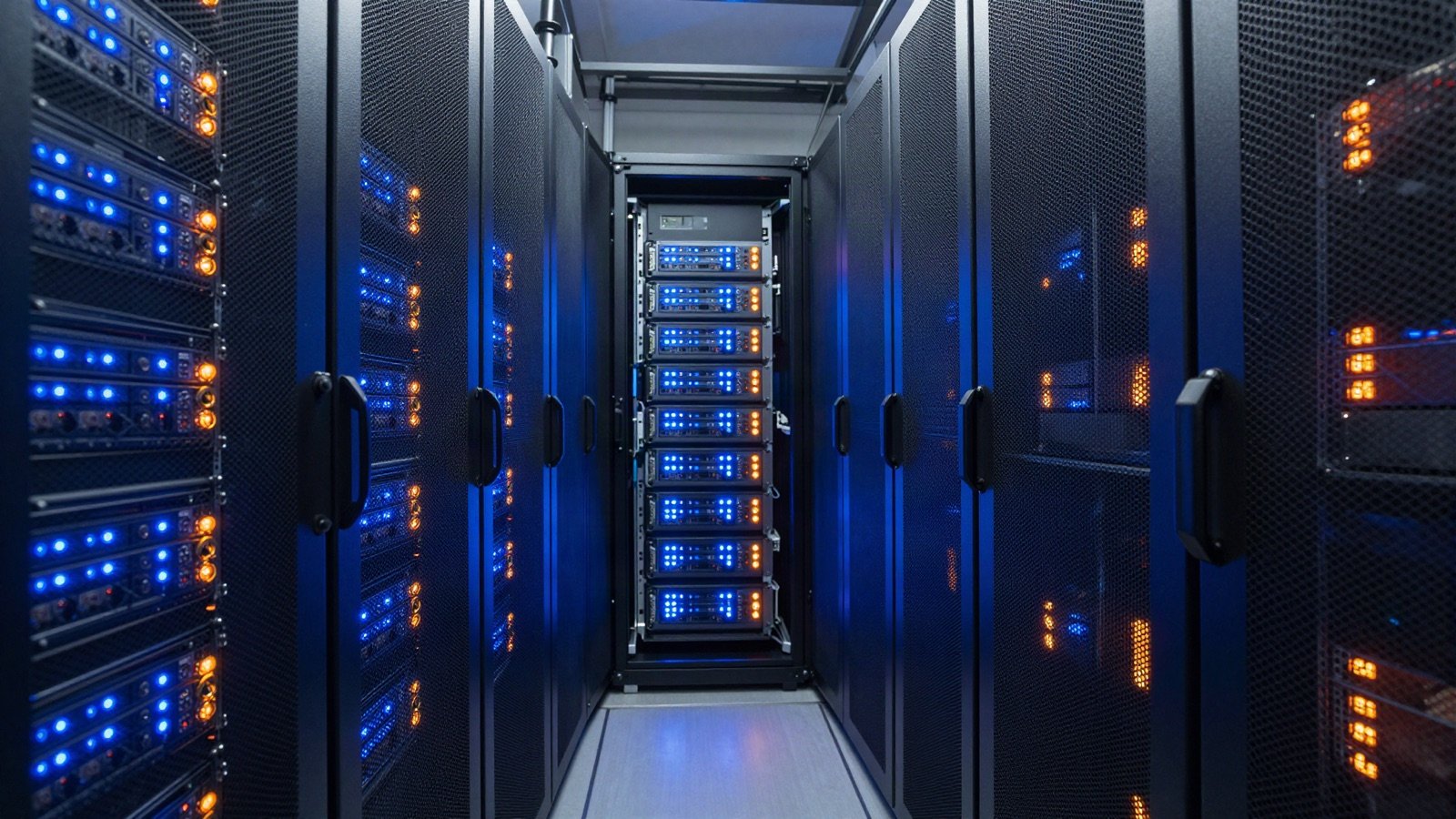 ممر في مركز بيانات بخوادم تتوهج بالأزرق والبرتقالي