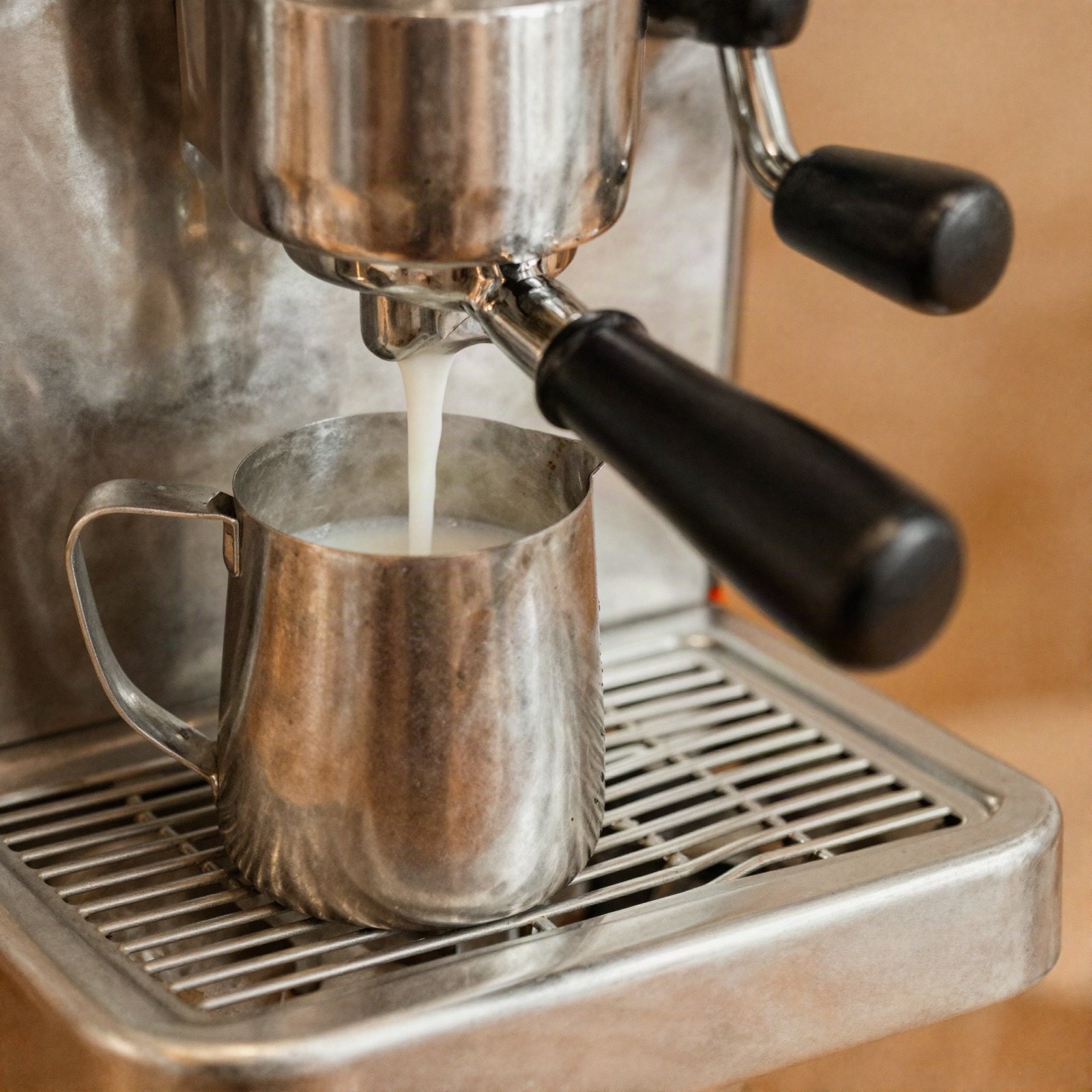 تبخير الحليب في إبريق فولاذي عند آلة الإسبريسو