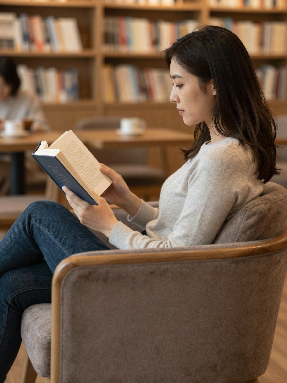 امرأة تقرأ كتابًا في مقعد وثير في المقهى