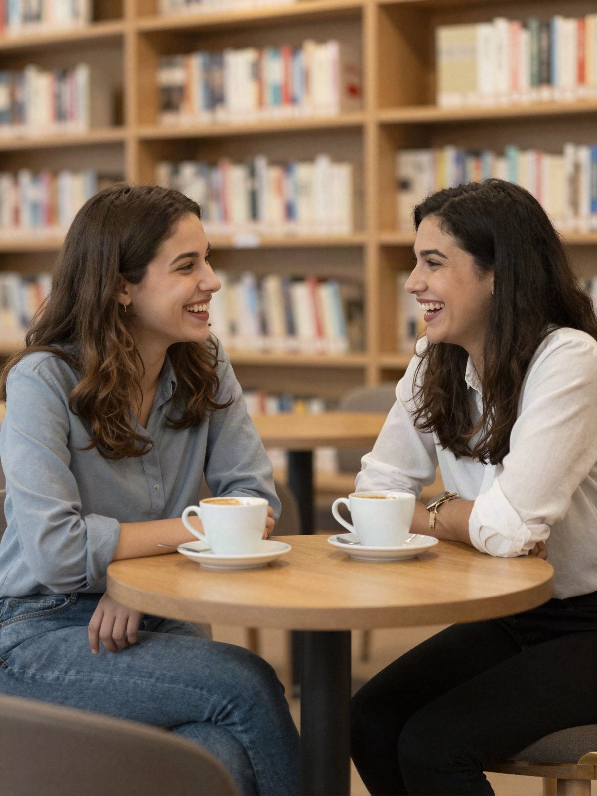 صديقان يضحكان على القهوة إلى طاولة بين رفوف الكتب