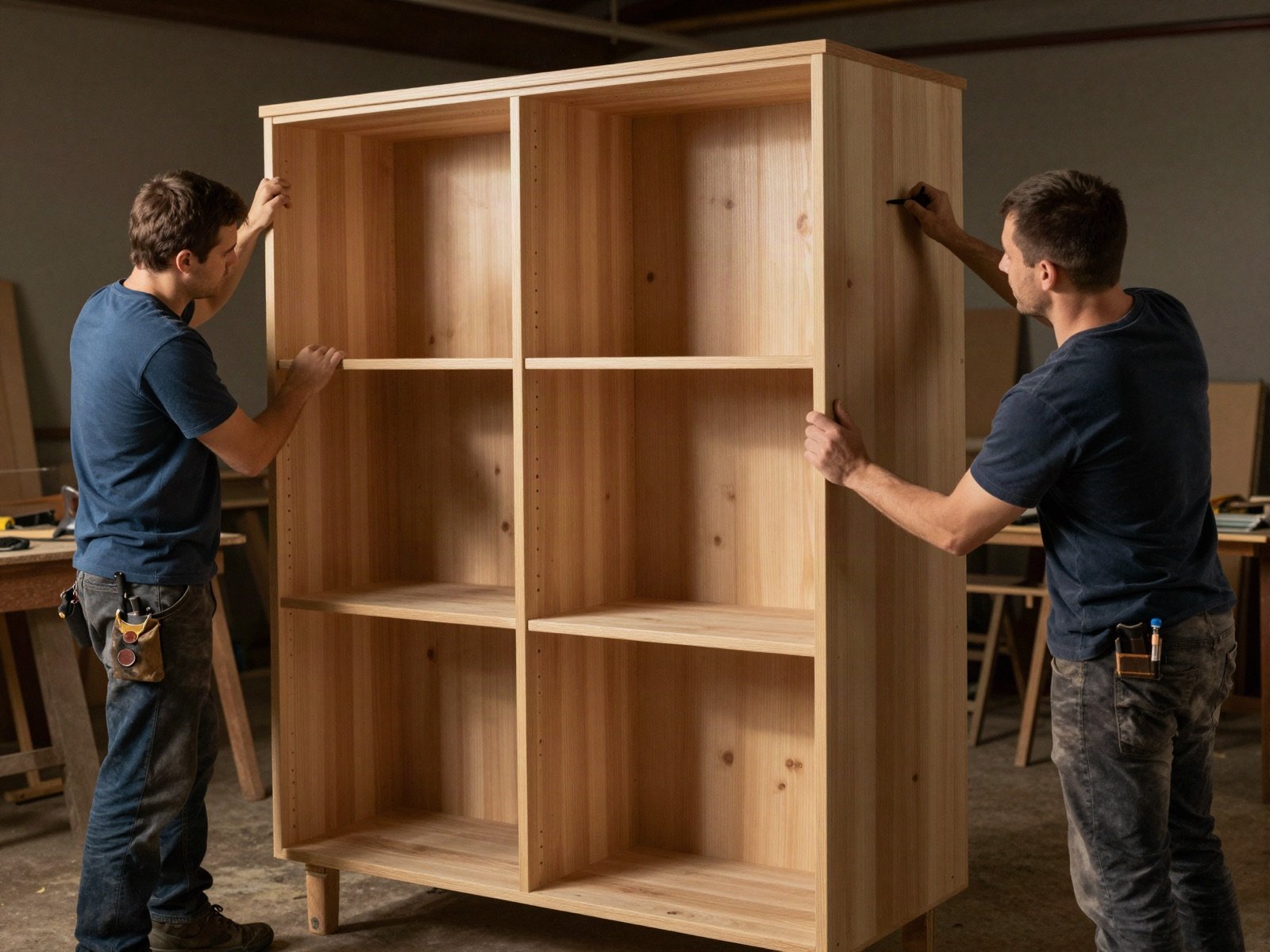 Two carpenters assembling a large solid wood cabinet in the workshop
