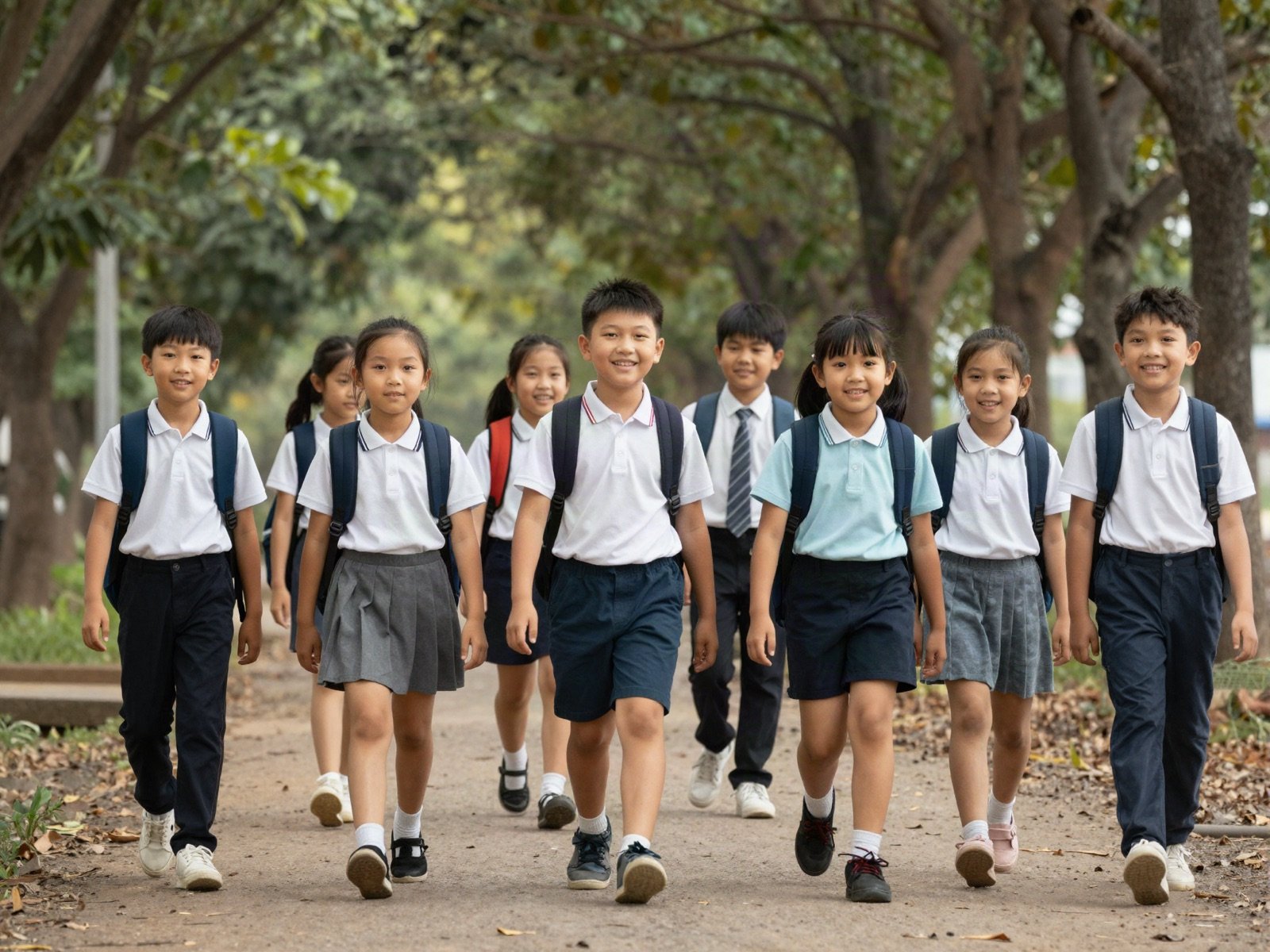 تلاميذ بحقائب ظهر يمشون إلى المدرسة على طريق تحفه الأشجار