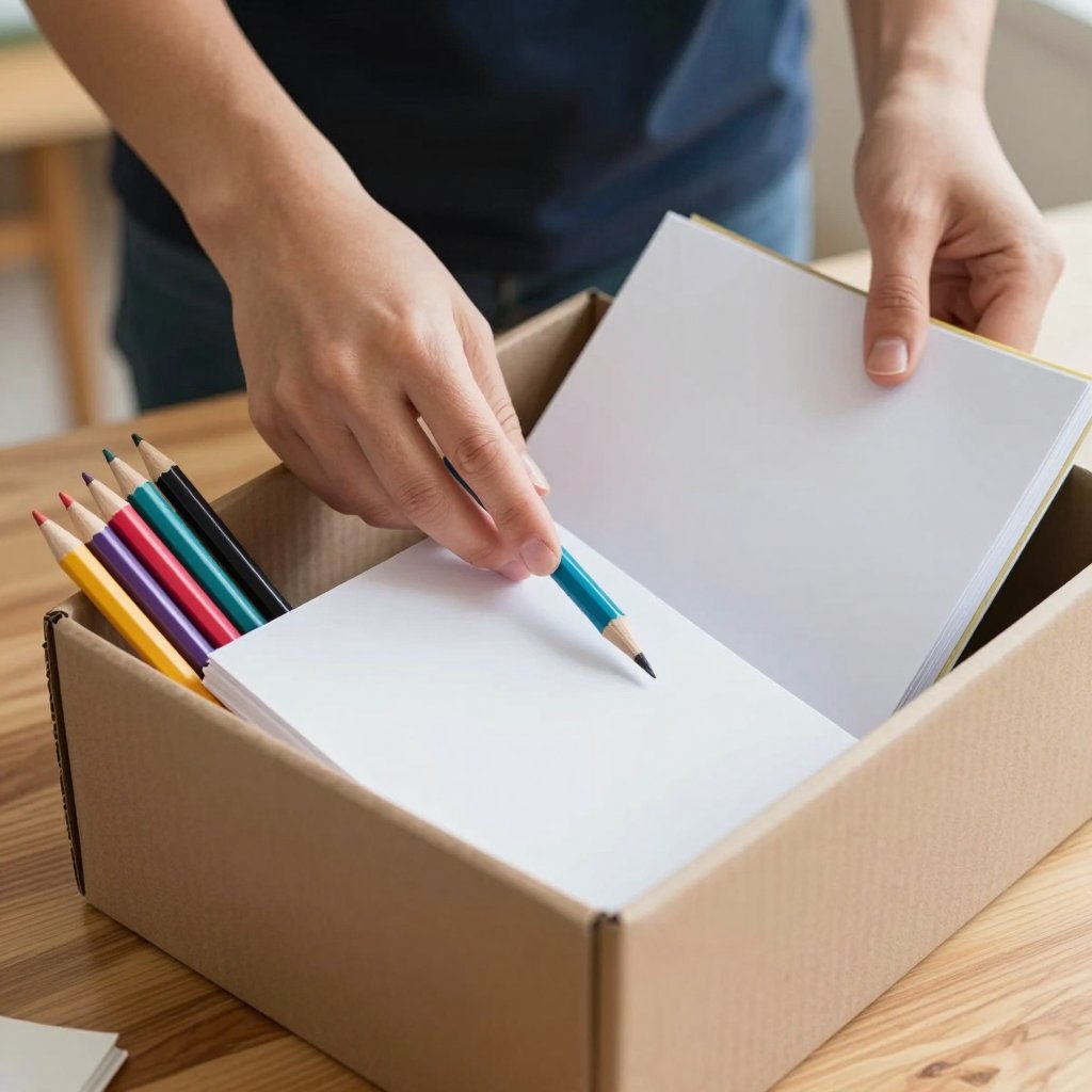 متطوعة تضع أقلامًا ودفاتر في صندوق تبرعات
