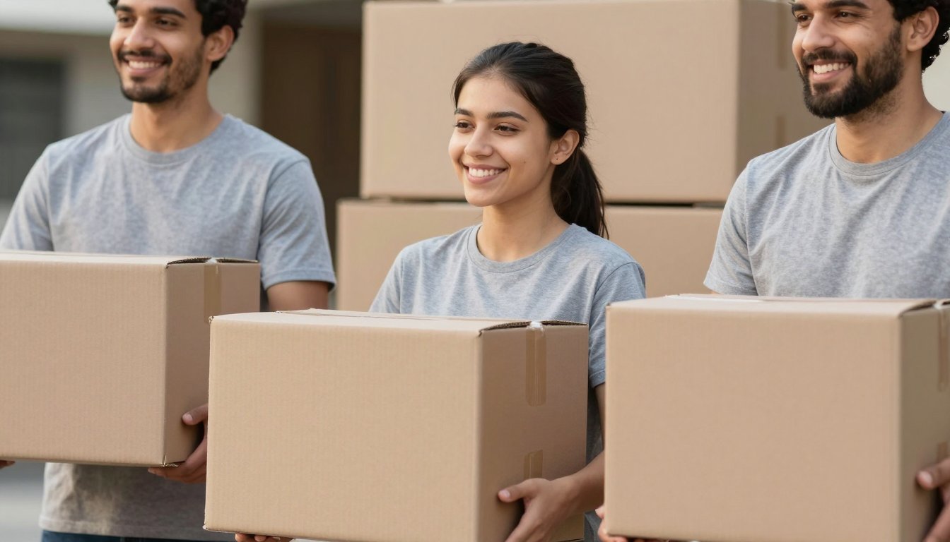 ثلاثة متطوعين يحملون صناديق كرتونية معًا