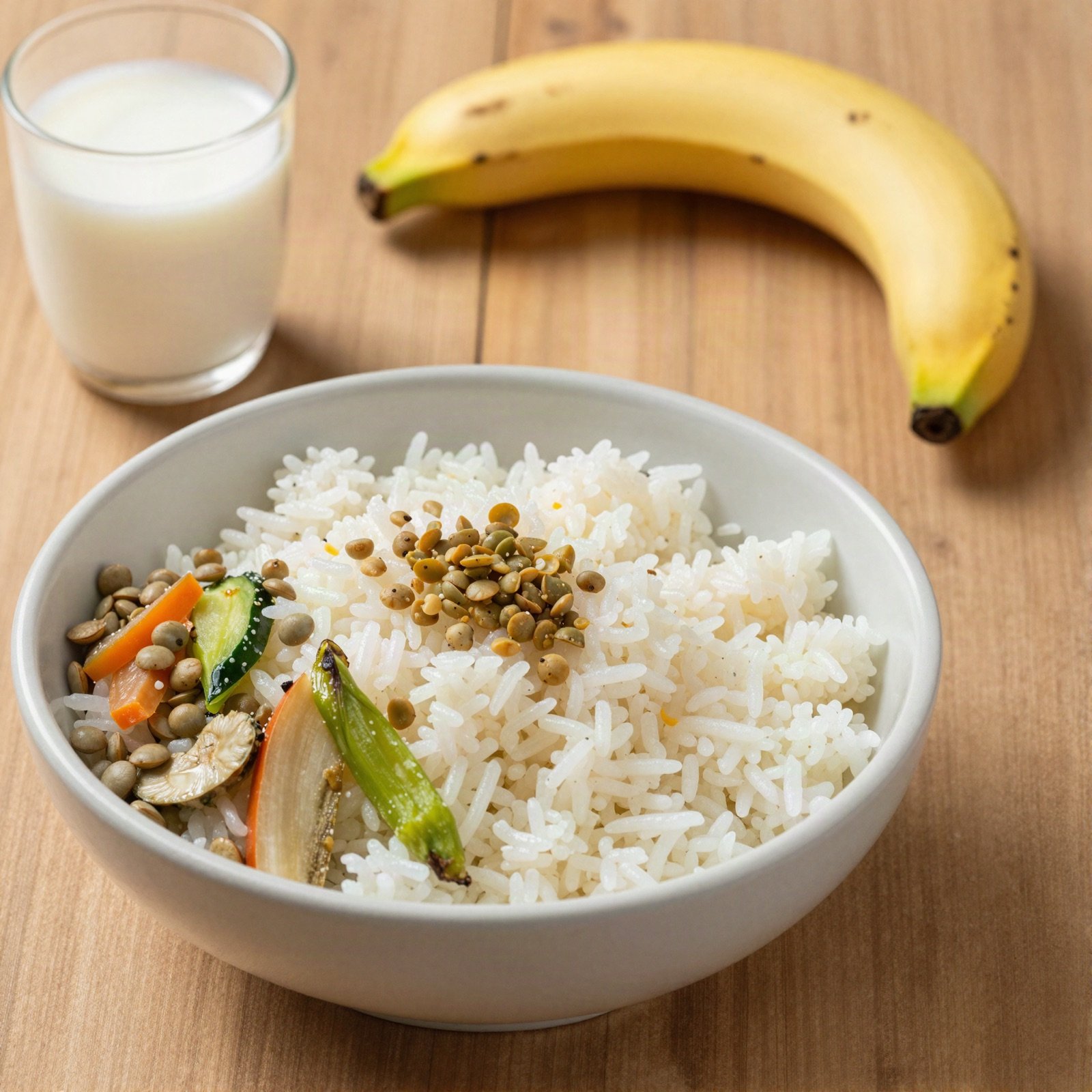 طبق من الأرز والعدس والخضار مع الحليب وموزة
