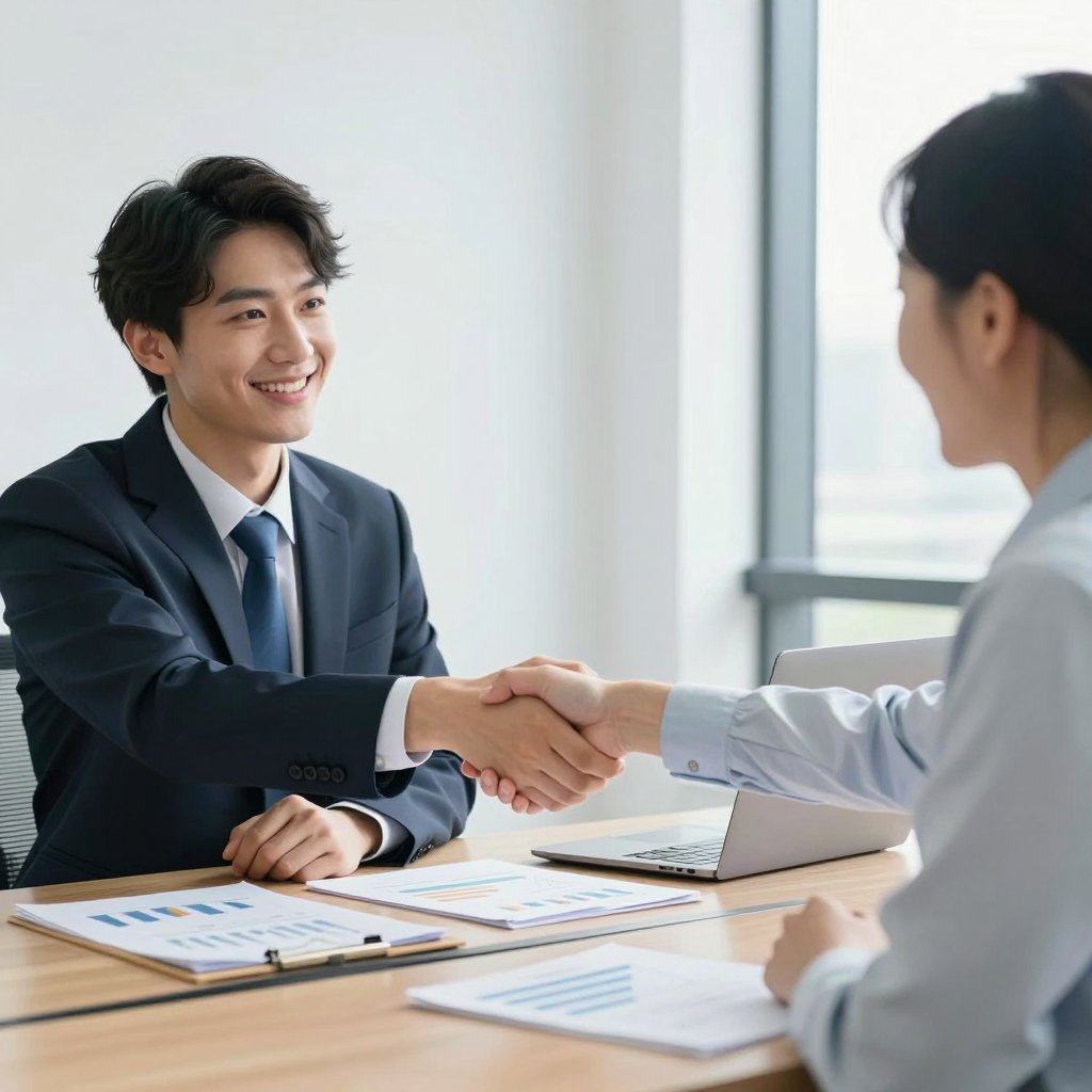 مستشار يصافح صاحب عمل عبر طاولة اجتماعات