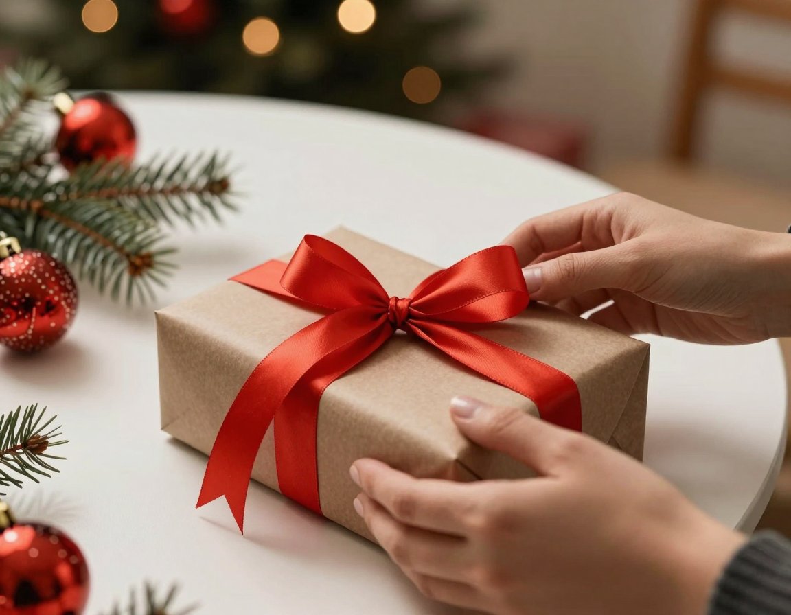 يدان تغلّفان هدية عيد الميلاد بشريط أحمر