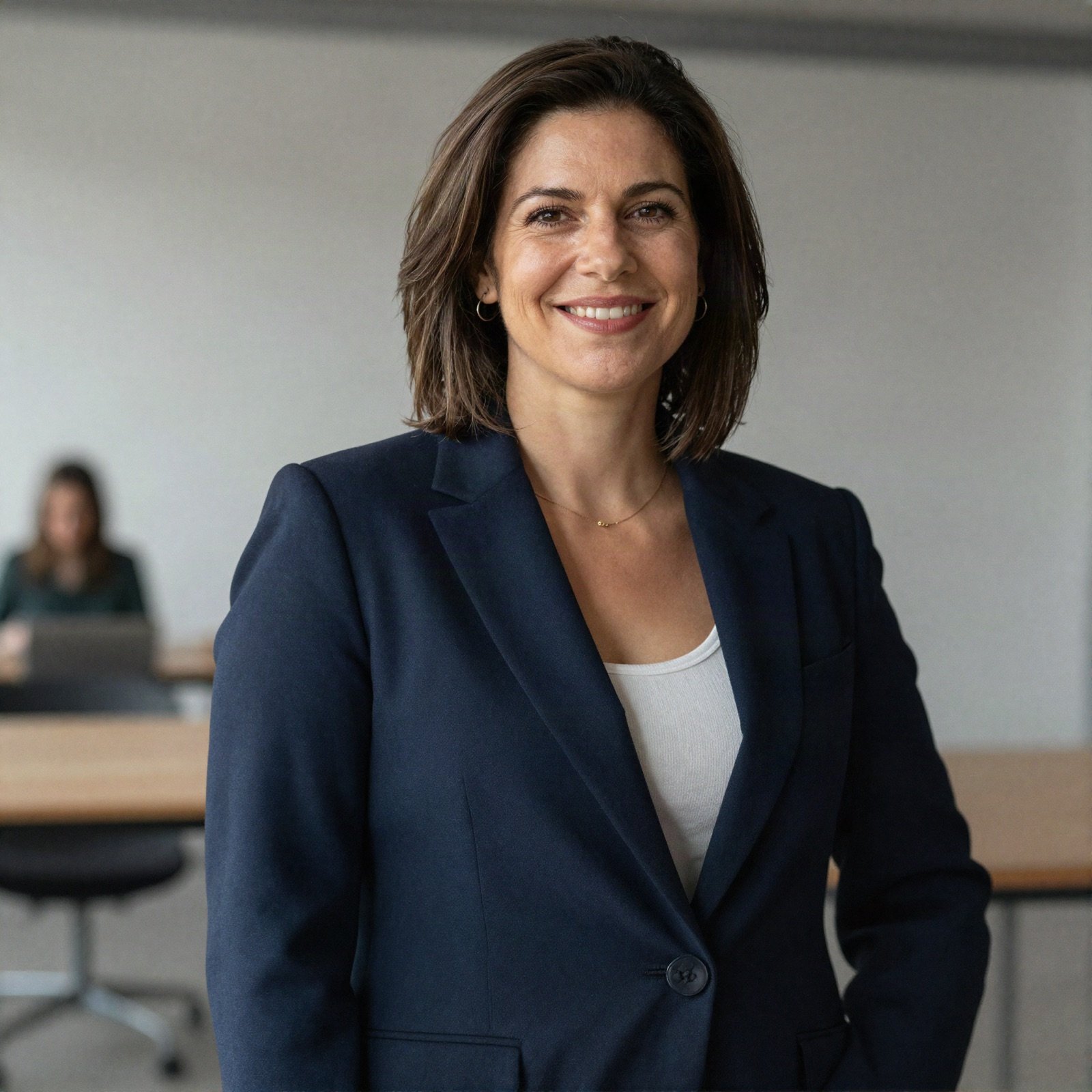 Portrait of a smiling woman in a navy blazer in a co-working space