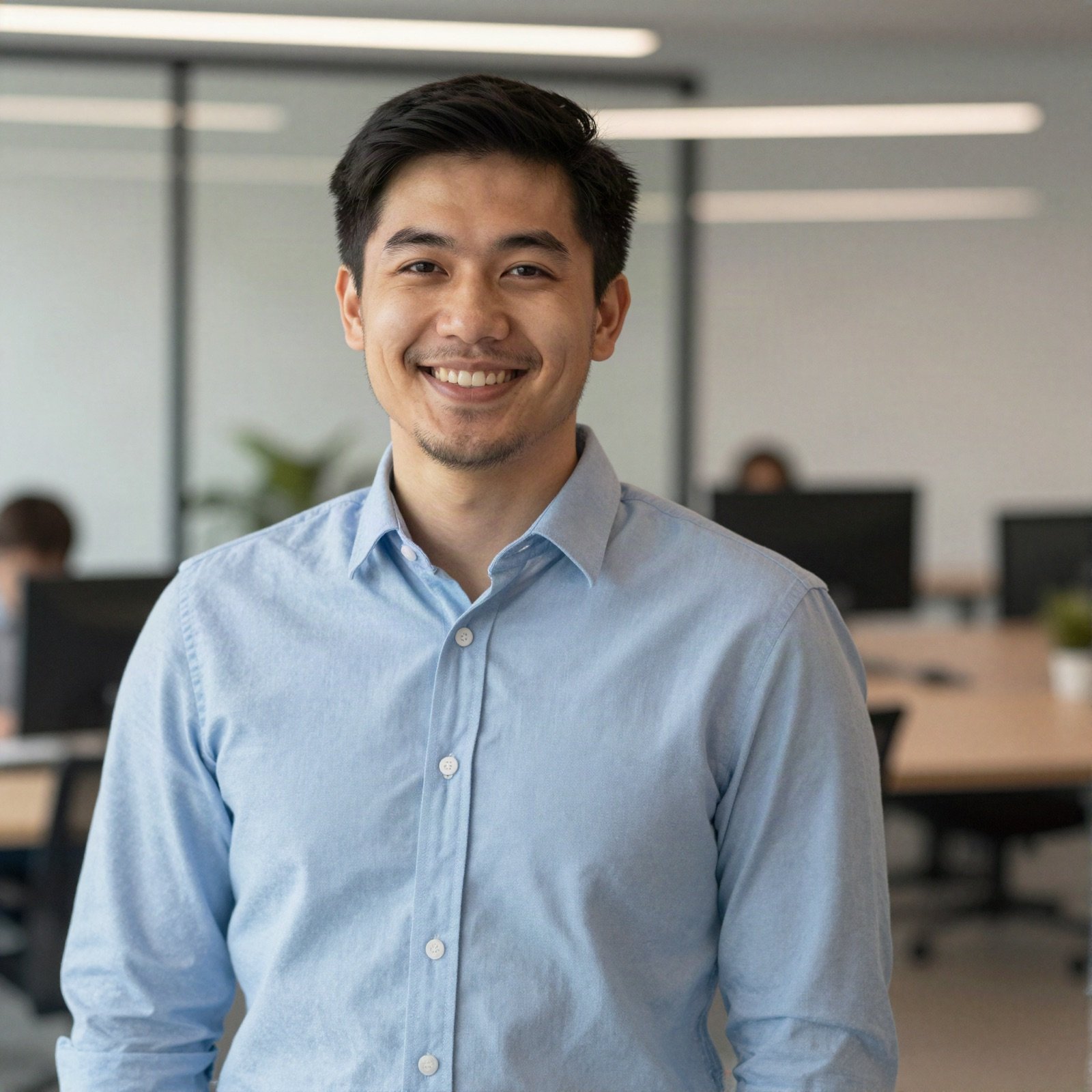 Portrait of a smiling man in a light blue shirt in an office