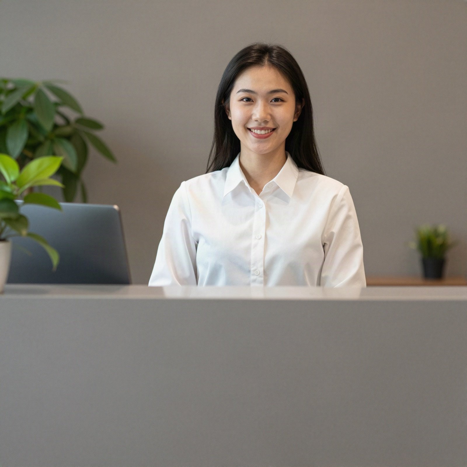 Portrait of a smiling receptionist at a desk with plants