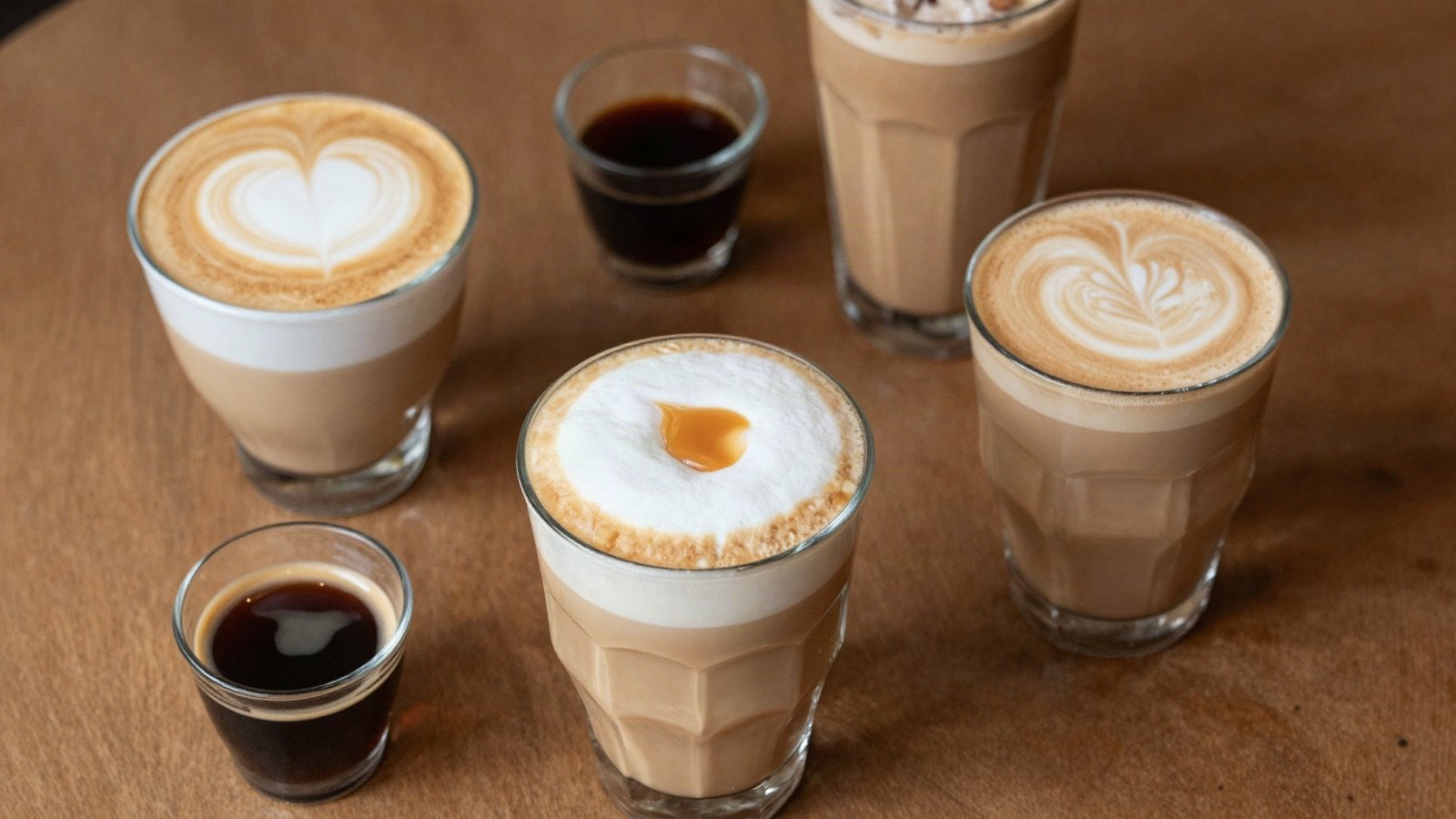 Cappuccinos, espressos and an iced coffee on a wooden table
