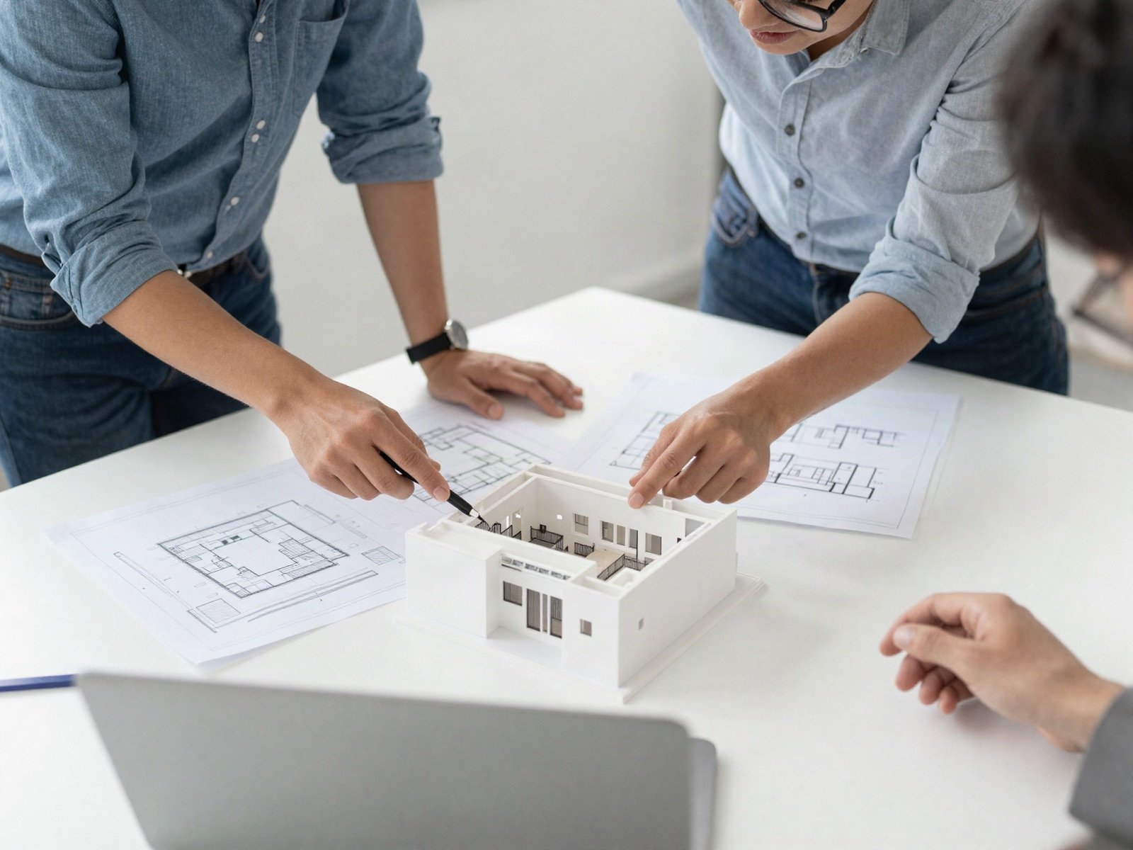 مهندس معماري وعميل يناقشان المخططات بجانب مجسّم معماري أبيض