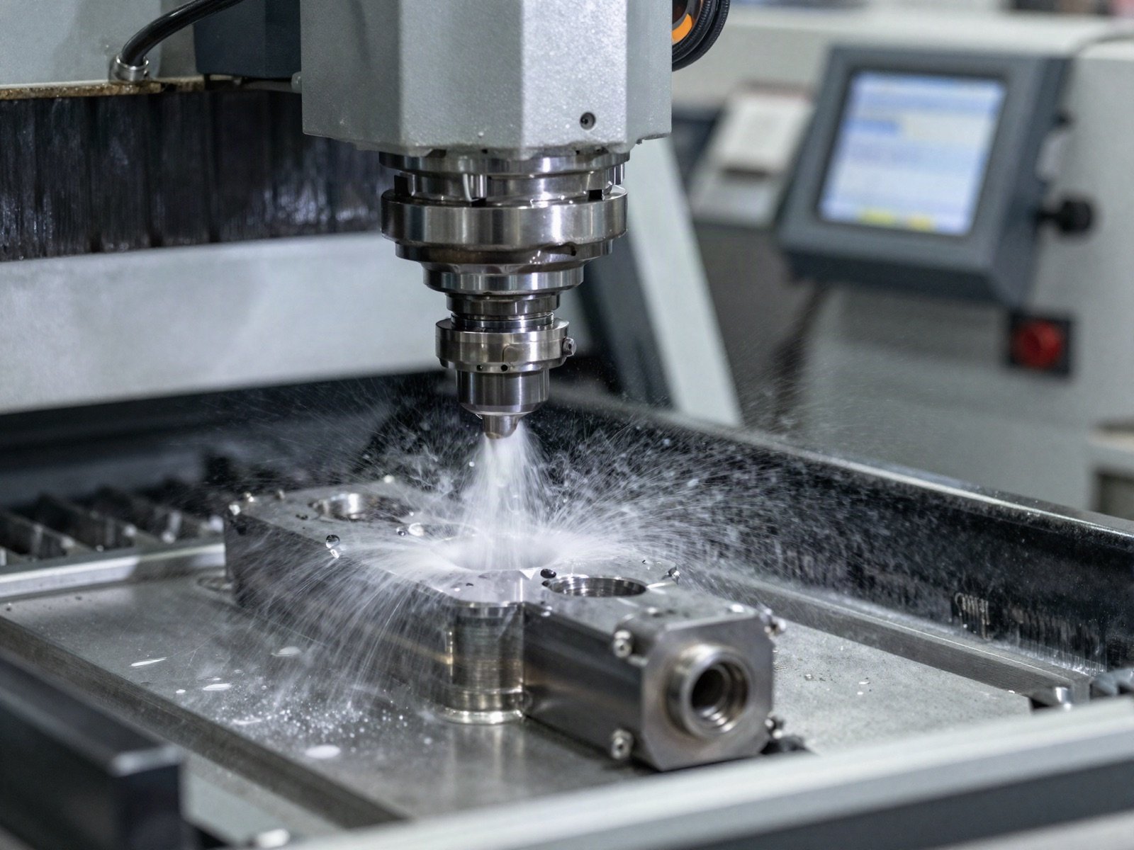 آلة تفريز CNC تقطع قطعة معدنية مع رذاذ سائل التبريد