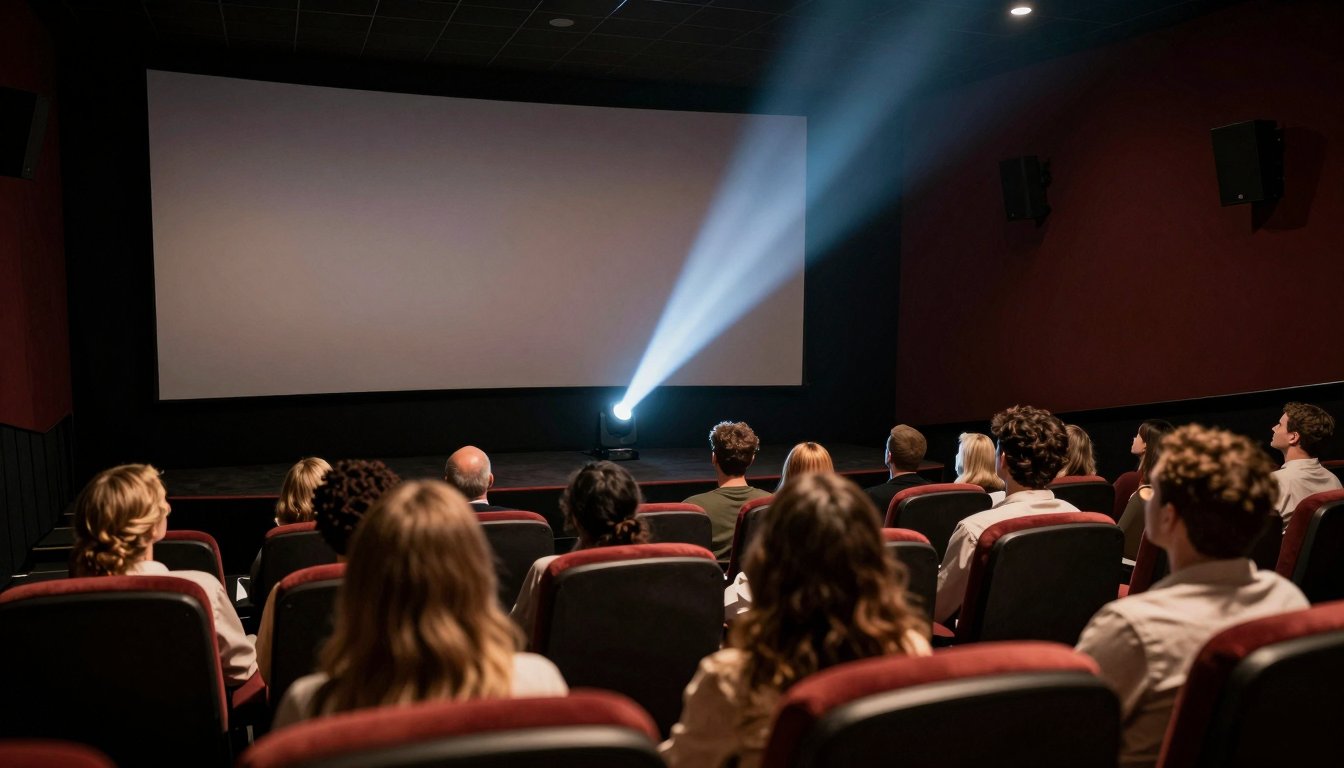 جمهور في صالة سينما يشاهد فيلمًا تحت شعاع جهاز العرض