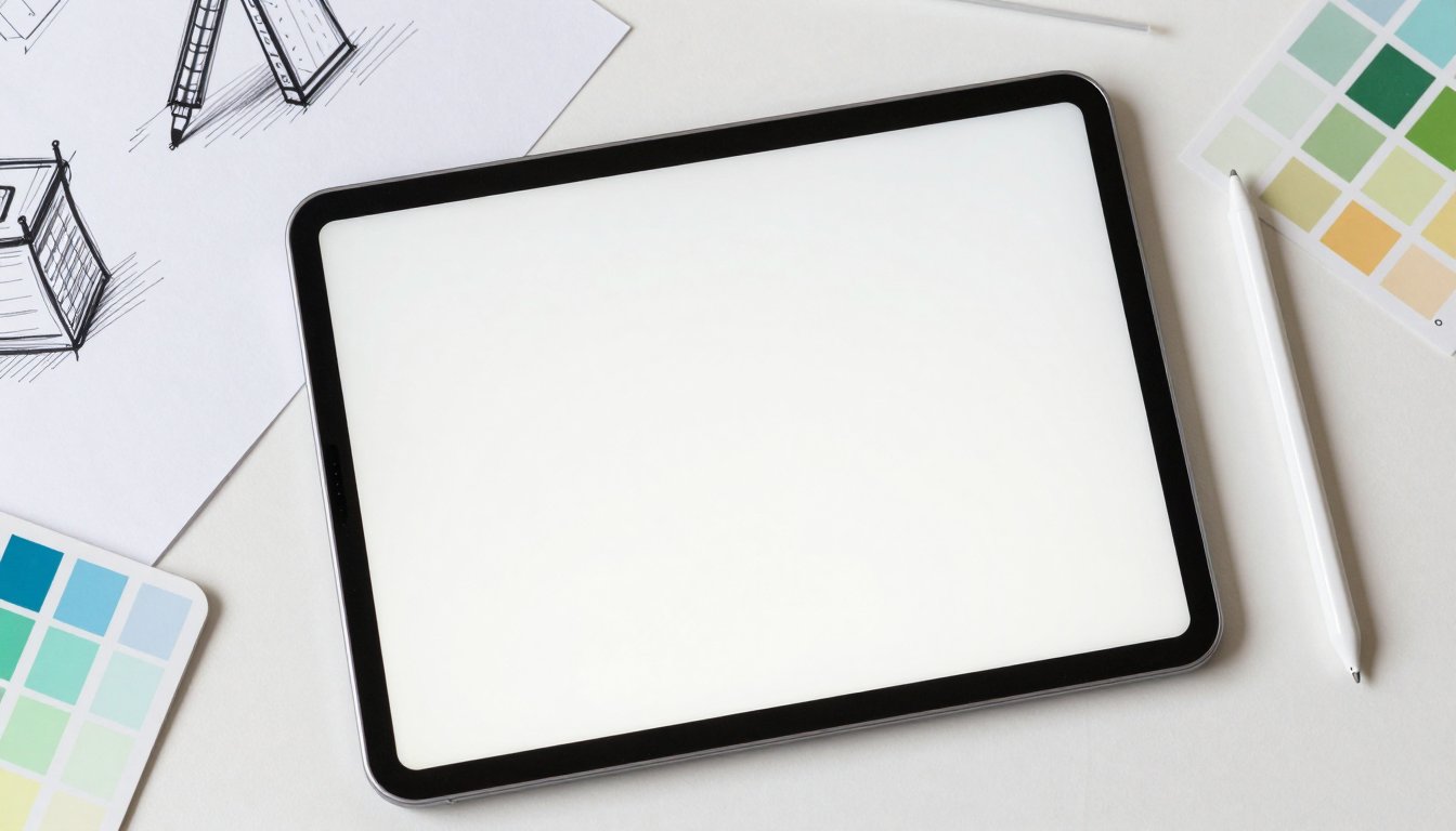 A tablet with a stylus on a designer desk beside sketches and colour swatches