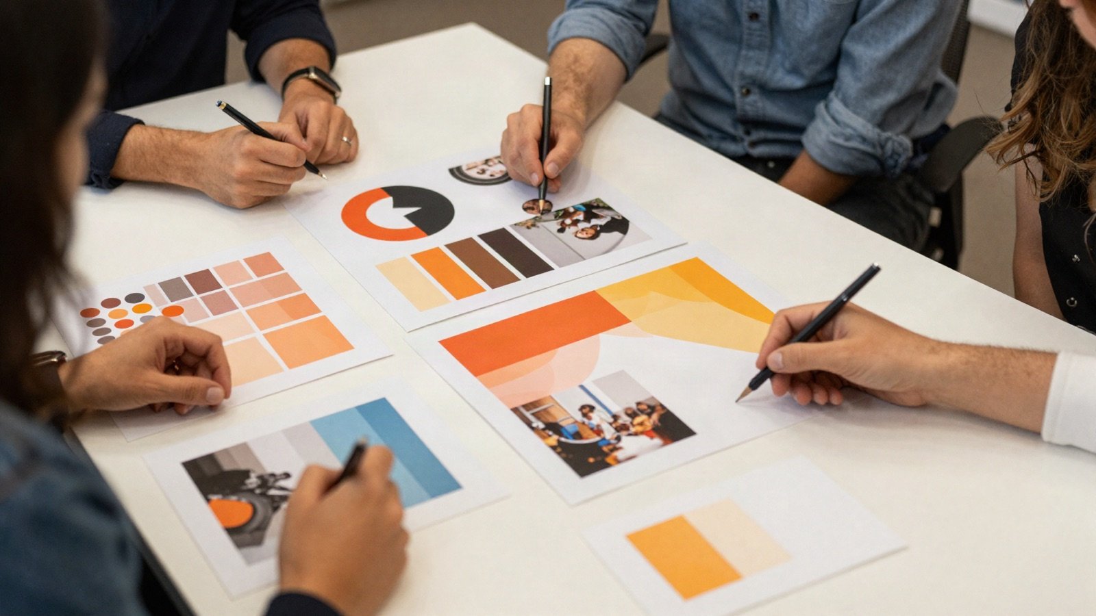 An agency team planning a campaign with colour swatches and photos
