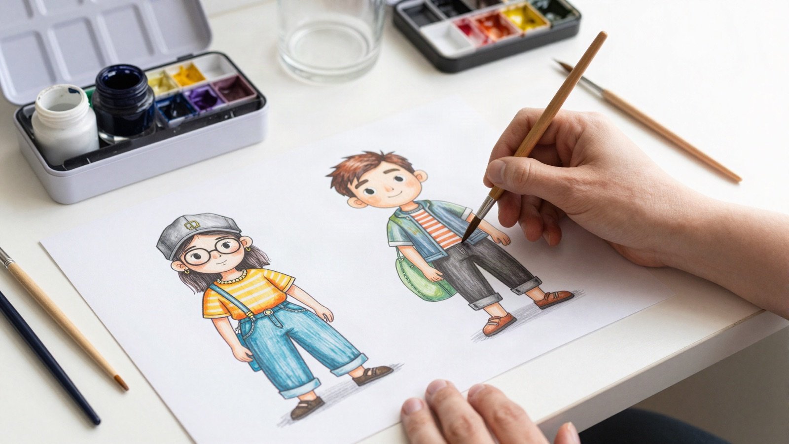 An illustrator painting colourful cartoon characters with watercolours