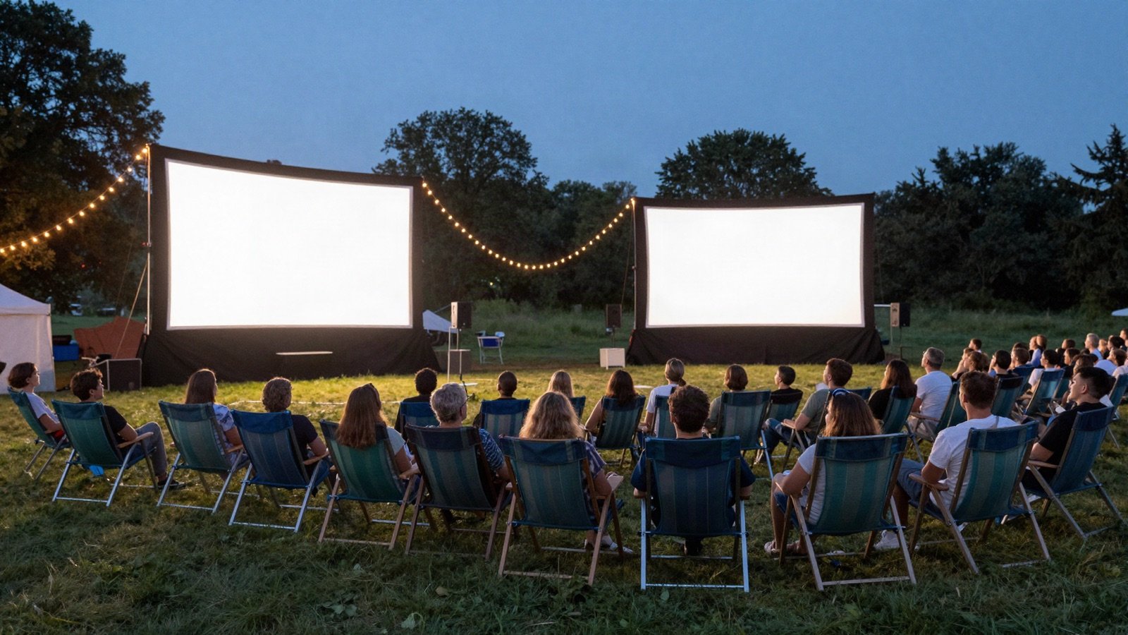An open-air film festival audience under string lights at dusk