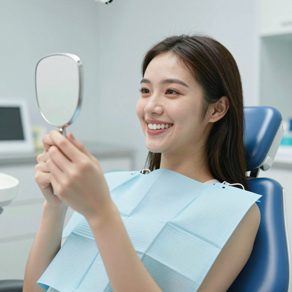 مريضة سعيدة تتأمل ابتسامتها البيضاء في مرآة يدوية