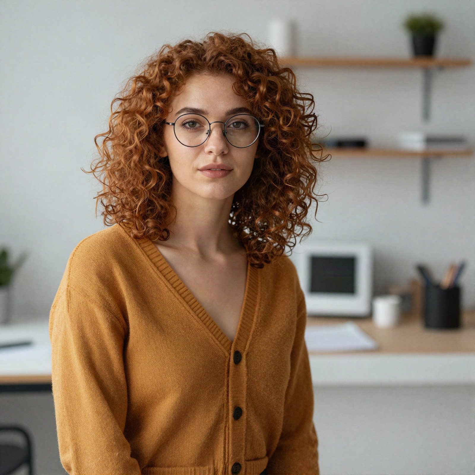 مصممة بشعر كستنائي مجعّد ونظارة مستديرة وسترة بلون الخردل