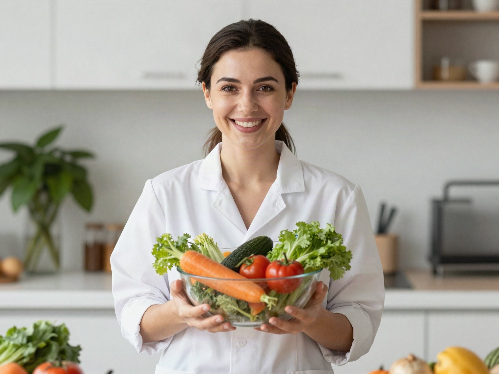 أخصائي تغذية مبتسم يحمل وعاءً من الخضار الطازجة في مطبخ مشرق