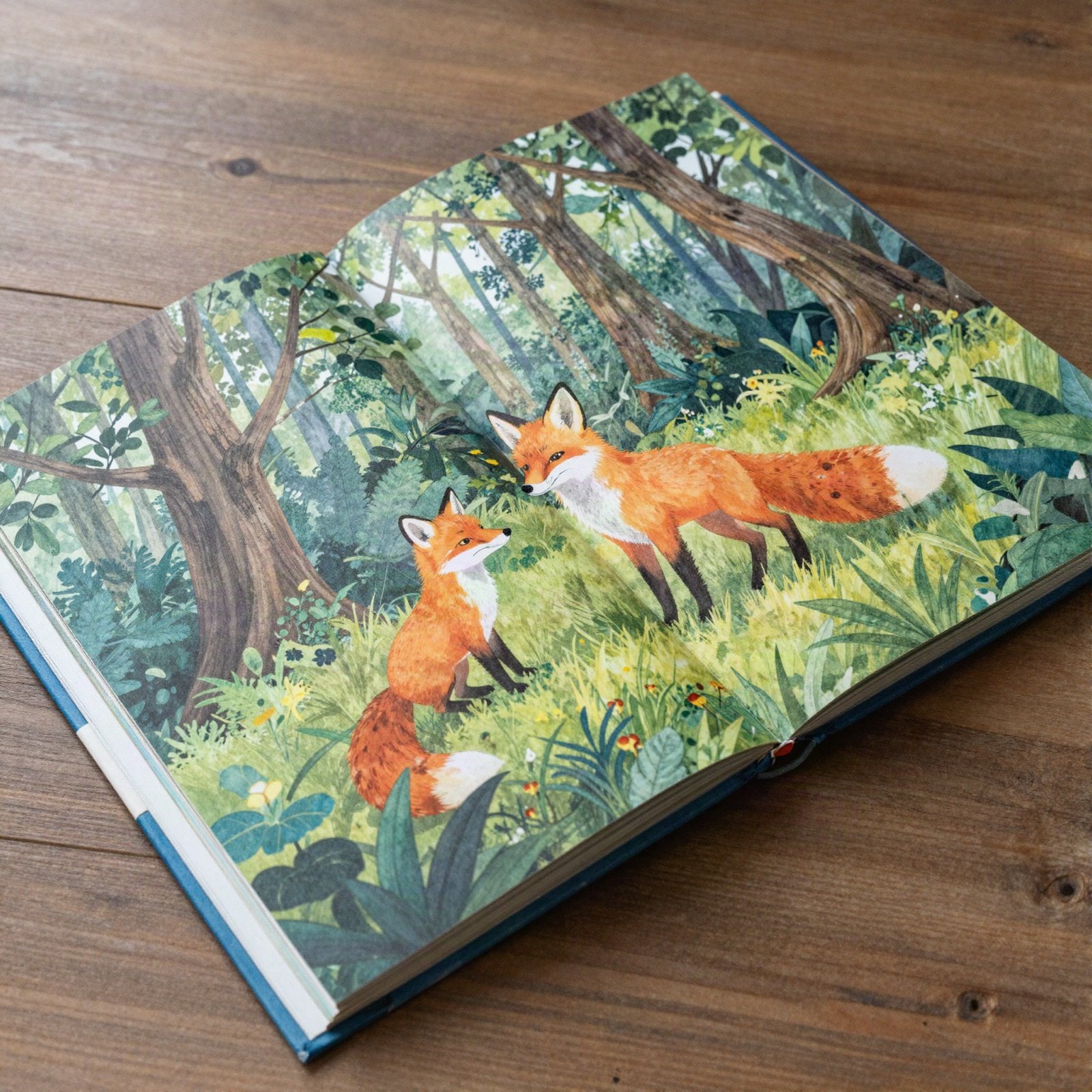 كتاب أطفال مفتوح برسم مائي لثعالب في غابة