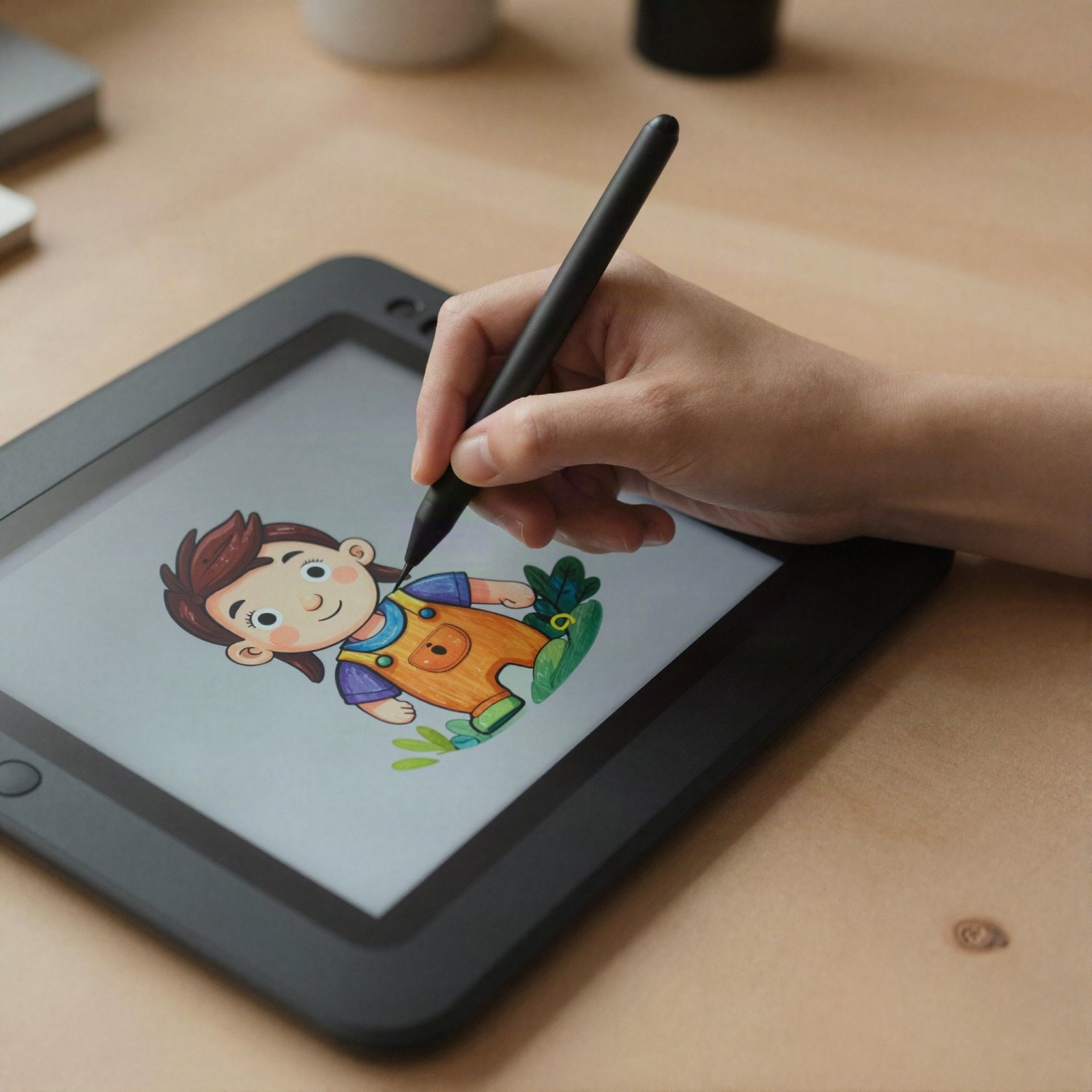يد ترسم شخصية كرتونية على لوح رسم رقمي