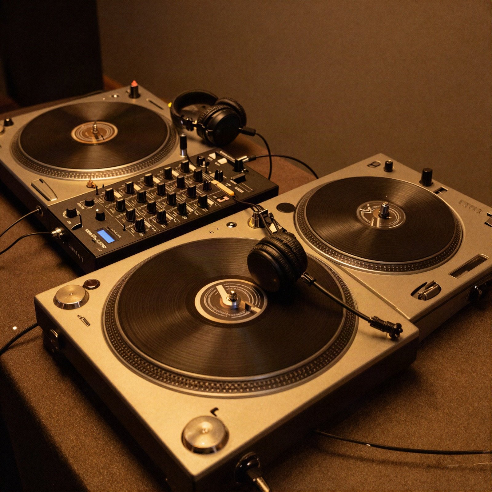 جهازا أسطوانات وجهاز مزج وسماعات في منصة الـDJ