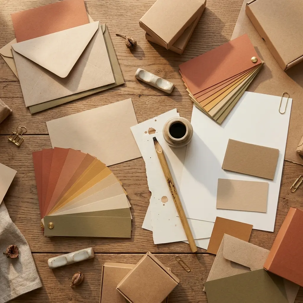 Brand colour swatches, blank packaging and a calligraphy pen on a studio desk