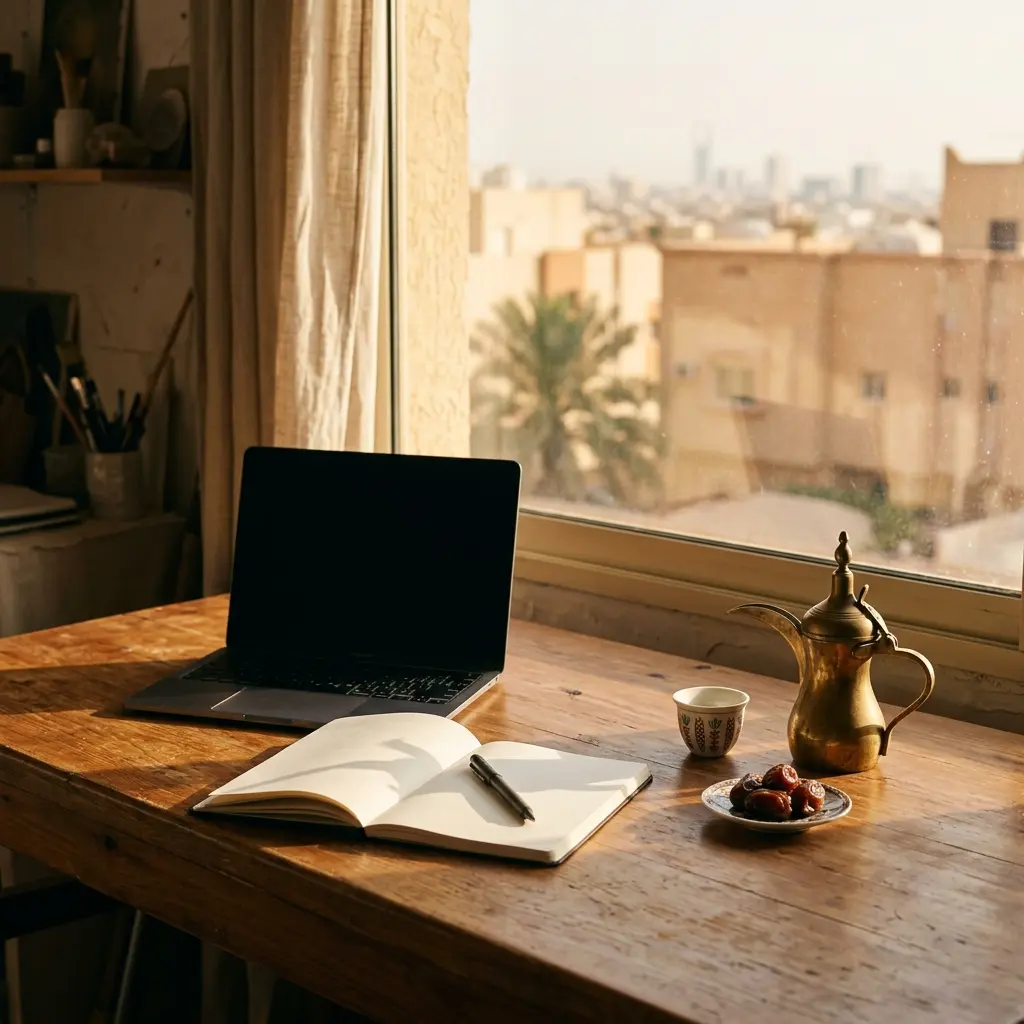 A laptop, notebook and Arabic coffee on a sunlit studio desk