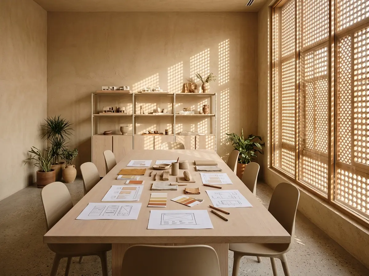 Printed layouts and colour swatches on the studio's meeting table