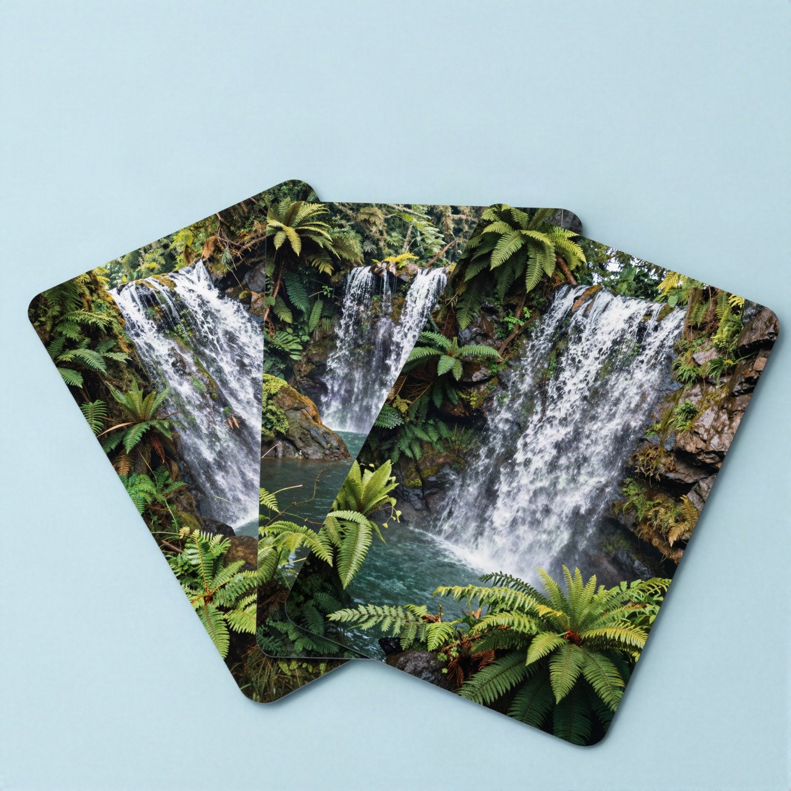 بطاقات بريدية لشلالات وسرخس مفرودة على خلفية زرقاء باهتة