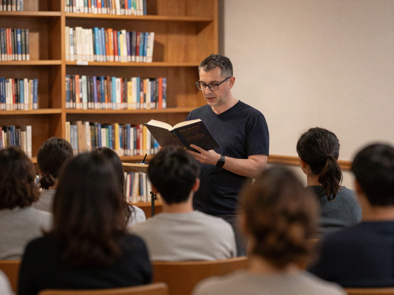 مؤلف يقرأ بصوت عالٍ من كتاب أمام جمهور في مكتبة