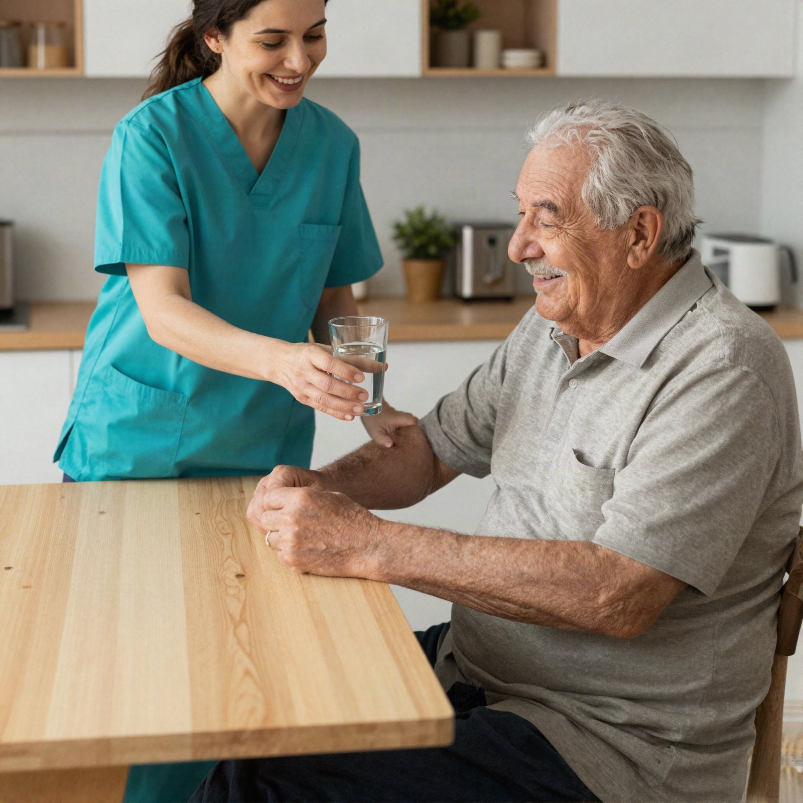مقدمة رعاية تناول كوب ماء لرجل مسنّ على طاولة المطبخ